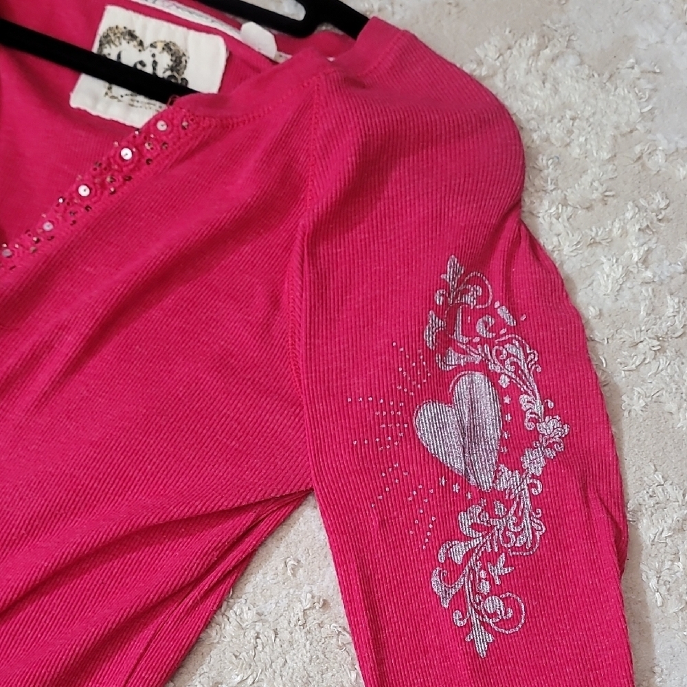 Y2K LEI Women’s Long Sleeve Thermal Top Size XL Pink Lace V-Neck Bella Swan